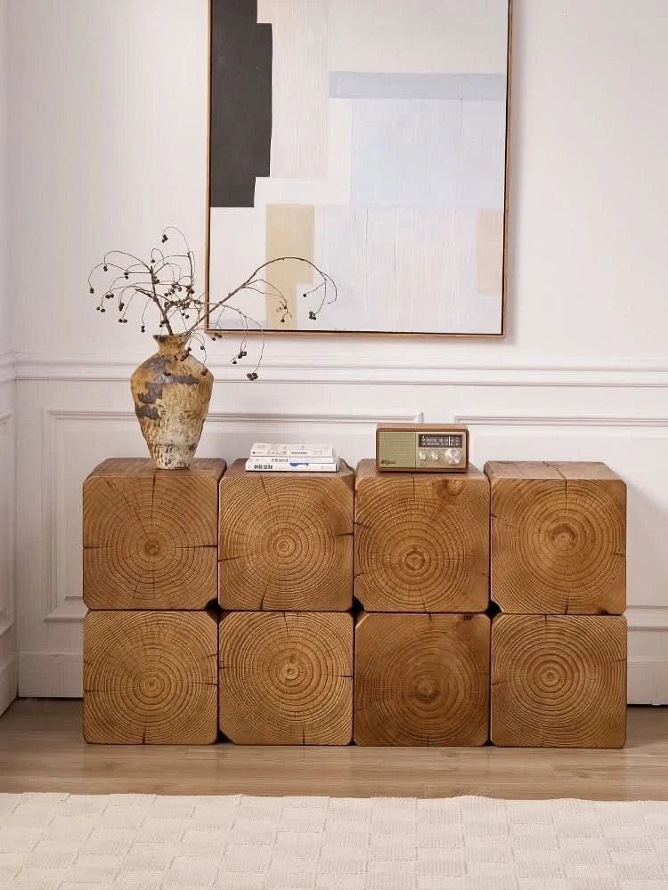Rustic wooden coffee table - Wabi-Sabi log cube side table with natural wood grain.